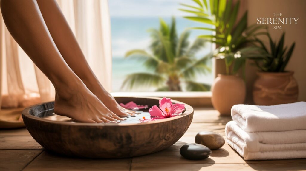 A relaxing spa scene in Florida featuring a woman receiving a luxurious foot spa treatment. Her feet are soaking in a wooden bowl filled with warm water, flower petals, and essential oils. The setting includes tropical plants, soft natural light, and spa elements like white towels, candles, and stones. Background suggests a serene coastal spa environment with palm trees and calming neutral tones. Emphasize relaxation, wellness, and tropical luxury.