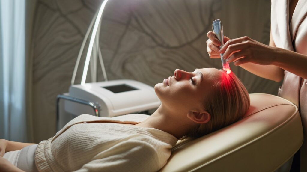 A serene med spa setting with a professional applying PRP treatment to a client's scalp; calming neutral tones with modern aesthetic treatment equipment visible.