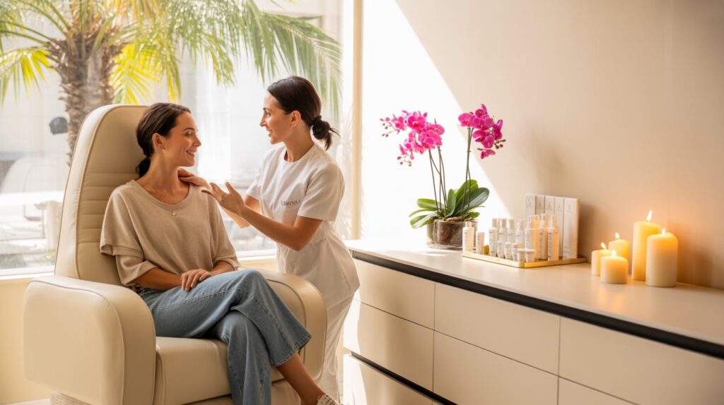 A luxurious aesthetic clinic interior in Orlando, with modern white and beige decor, soft warm lighting, and elegant furnishings. A professional aesthetician in a clean white uniform consults with a smiling female client in her 30s, sitting comfortably in a treatment chair. On a sleek counter, display high-end skincare products and minimalistic décor like fresh flowers and candles. The atmosphere should feel upscale, clean, and welcoming, with a hint of tropical Florida elements like palm leaves visible through the window.