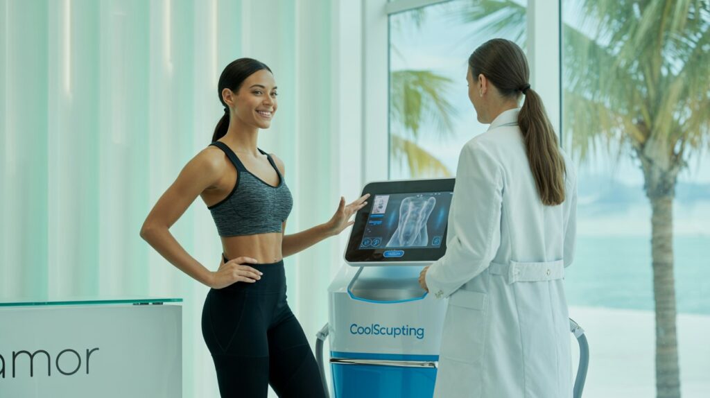 A modern med spa setting in Florida with sleek, high-tech fat reduction devices like CoolSculpting or Emsculpt. A young, fit woman in athletic wear is smiling and consulting with a professional in a white coat, with palm trees or tropical decor in the background. Bright, clean, and luxurious aesthetic with soft natural lighting and pastel tones.