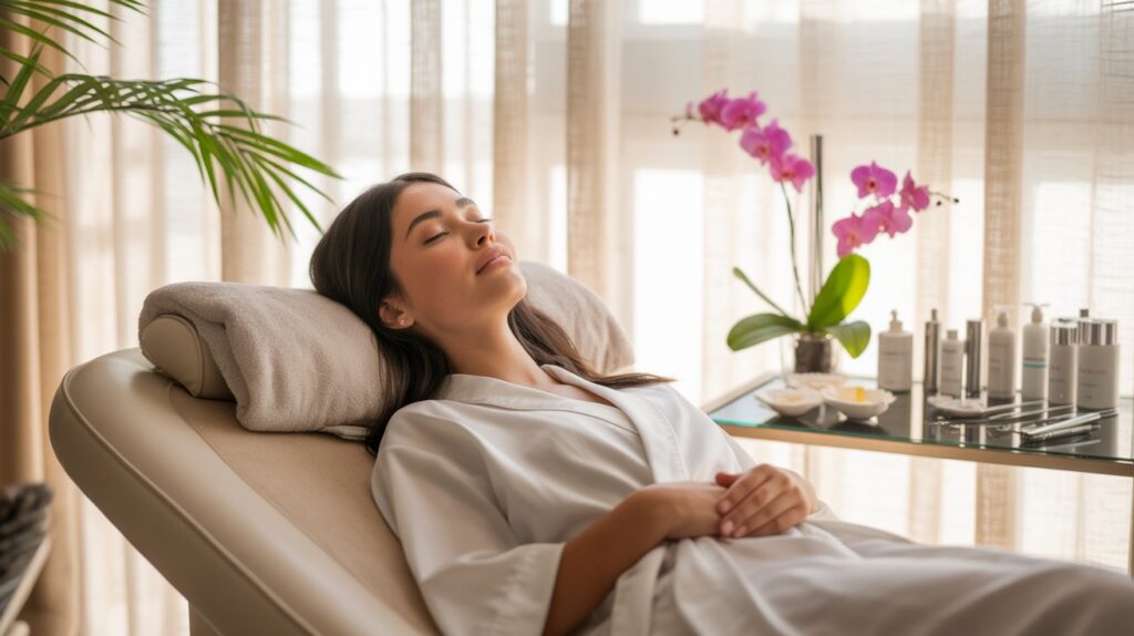 A luxurious Florida med spa room with modern equipment, soft natural lighting, and tropical elements like palm leaves and ocean-inspired decor. A young woman is receiving a high-tech facial treatment (like LED or exosome therapy), while spa tools and skincare products are neatly arranged on a wooden table. The atmosphere is calm, fresh, and premium.