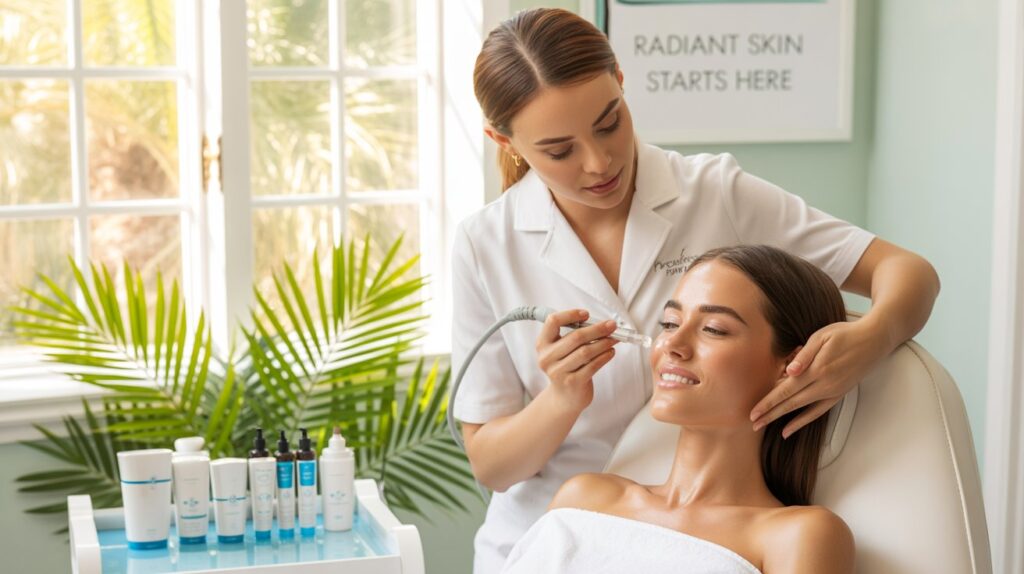A bright, luxurious med spa treatment room in Florida with a professional performing a Hydrafacial on a young woman with glowing skin. Nearby, there’s a setup showing chemical peel products, tropical elements like palm leaves, and soft pastel décor. The overall vibe is clean, modern, and sunlit, perfect for Florida aesthetics.