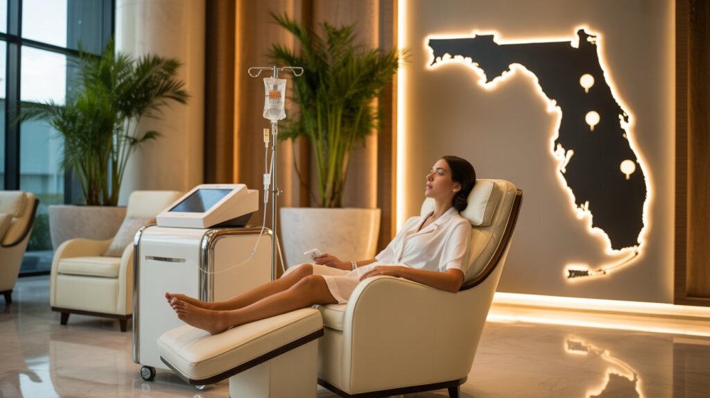 A luxury Florida med spa interior with a person relaxing in a modern lounge receiving IV drip therapy. Include palm plants, soft golden lighting, and wellness equipment. Add a soft map outline of Florida in the background with glowing pins on Miami, Orlando, and Tampa. Clean, premium, wellness aesthetic.