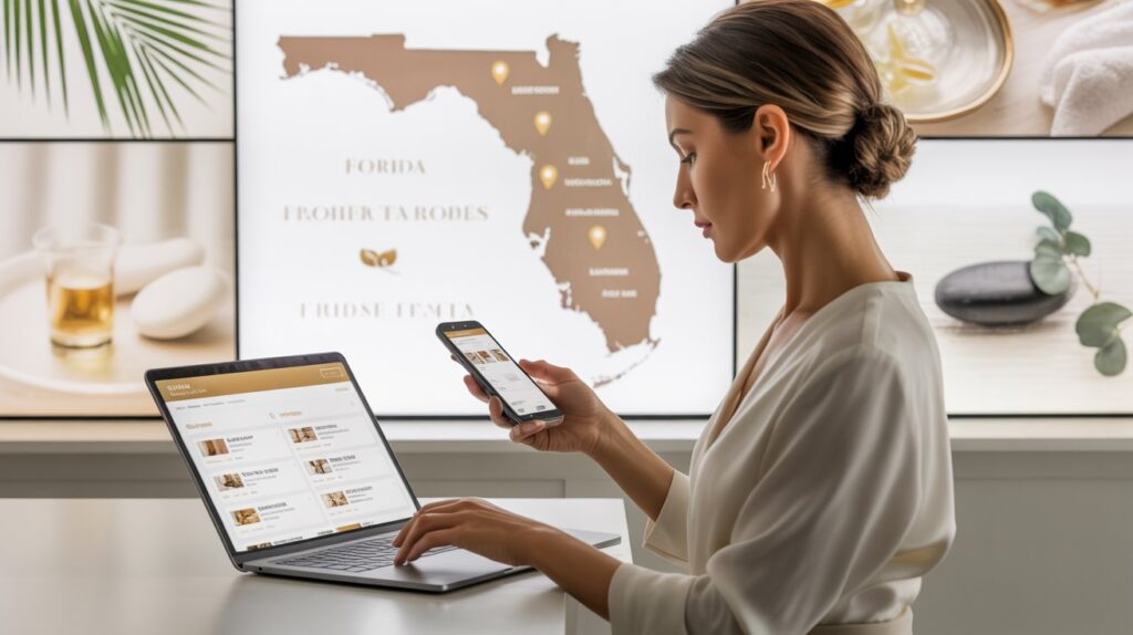 A modern, elegant woman using a laptop and smartphone to browse spa listings on a sleek website interface. Background shows a soft Florida map with spa location pins, palm trees, and relaxing wellness imagery — clean, luxurious aesthetic with white and gold tones, minimal design, professional lighting.